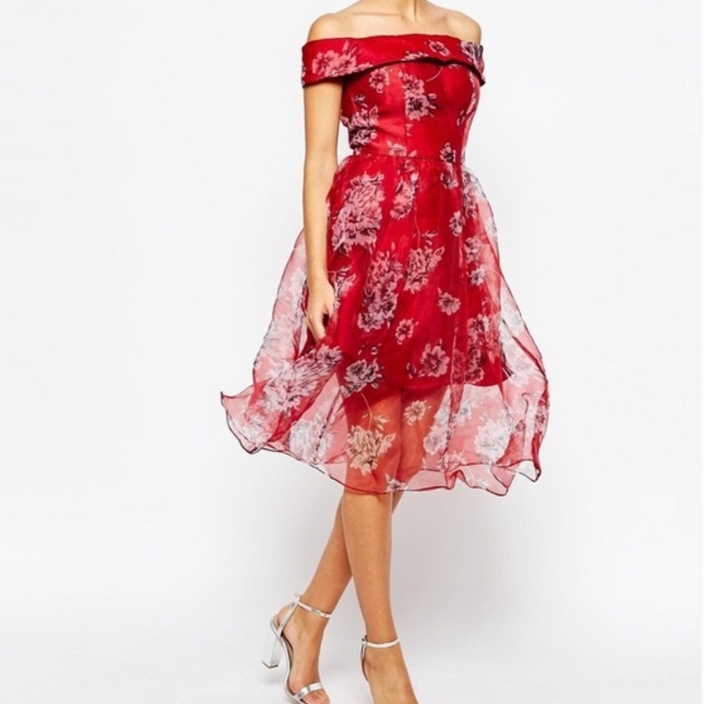 CHI CHI LONDON Red Off Shoulder Organza Midi Dress Party Cocktail Size 4